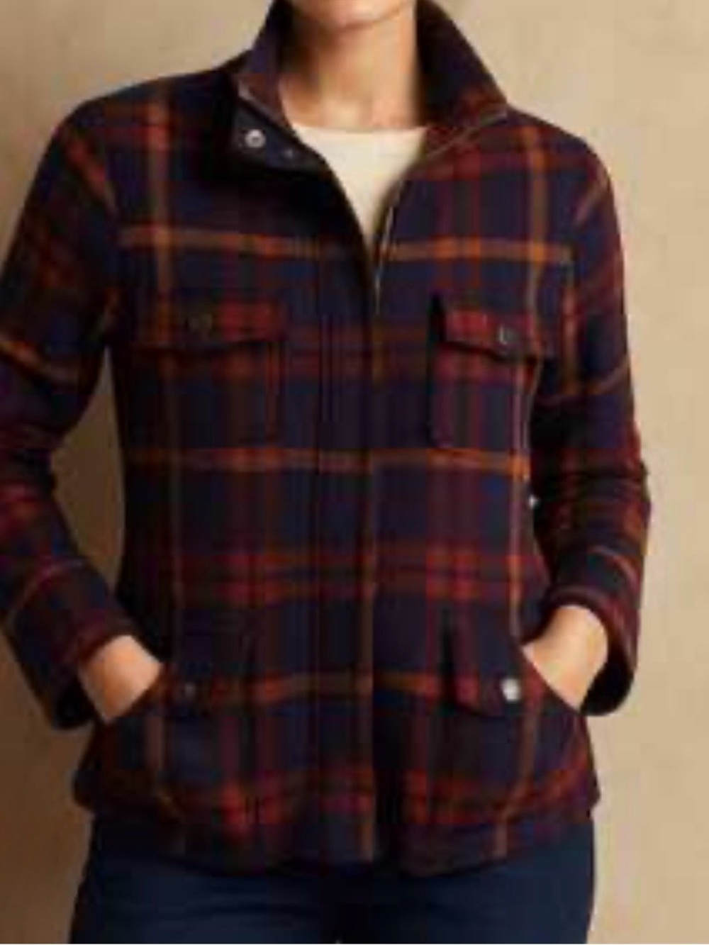 Joie Navy and Orangish Red Plaid Utility Jacket Size Small